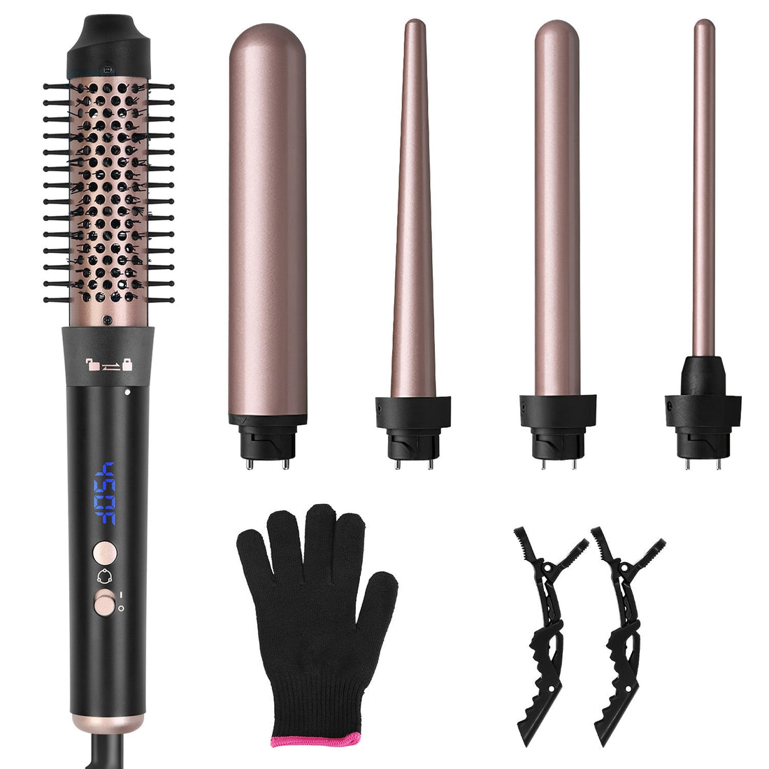 5 in 1 Curling Wand Hair Curling Iron Brush Hair Thermal Brush Curler with 4 Heating Levels 360¡ Rotatable Cable 5 Interchangeable Barrels 2 Clips Lea