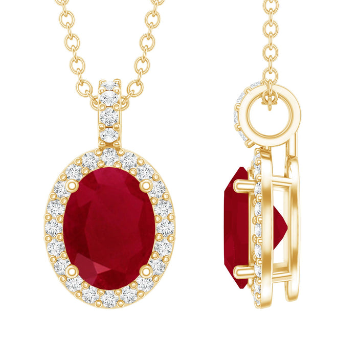 Natural 1.5 Carat Ruby Pendant Necklace with Diamond Halo in Gold Plated Silver