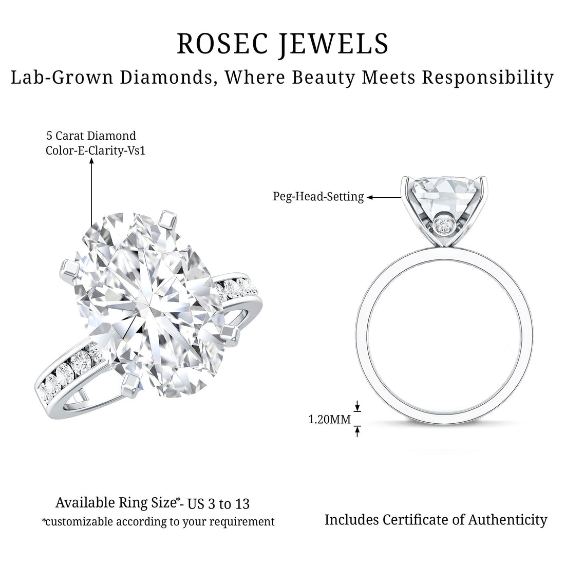 Oval Cut 5 Carat Lab Grown Diamond Big Engagement Ring with IGI Certificate