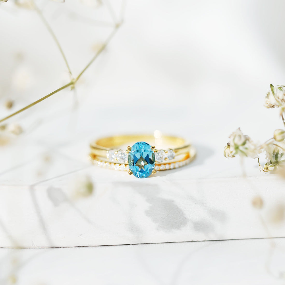 Oval Swiss Blue Topaz Diamond Wedding Ring Set in Silver