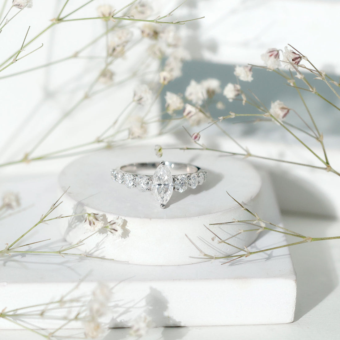 Marquise Cut Moissanite Engagement Ring with Side Stones