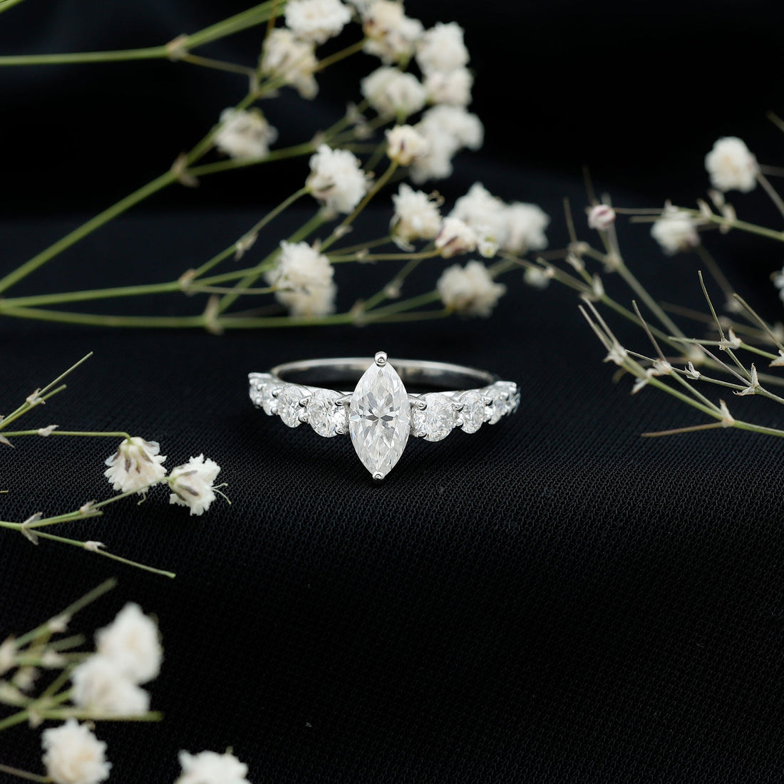 Marquise Cut Moissanite Engagement Ring with Side Stones