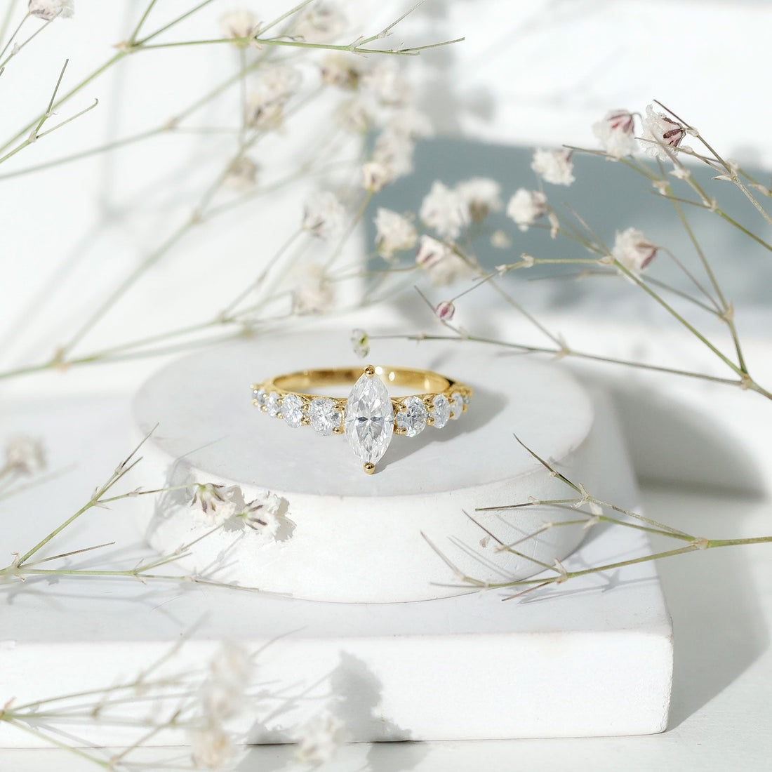 Marquise Cut Moissanite Engagement Ring with Side Stones
