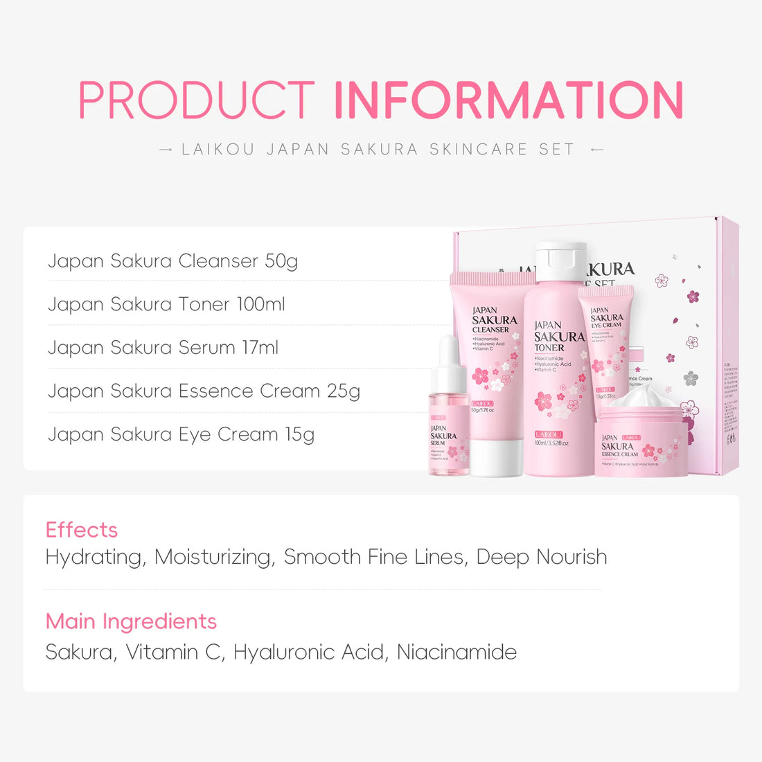 LAIKOU Sakura Kit Skin Care Sets Moisturizing and Reducing Fine Lines Cleansing Pore Product 5-Piece Korean Women's Day Gift