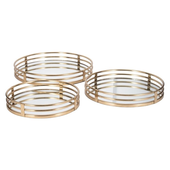 Set of 3 Round Mirrored Trays, Gold Metal Frame Decorative Serving & Vanity Trays, 14" 16" 18", Glam Home Decor