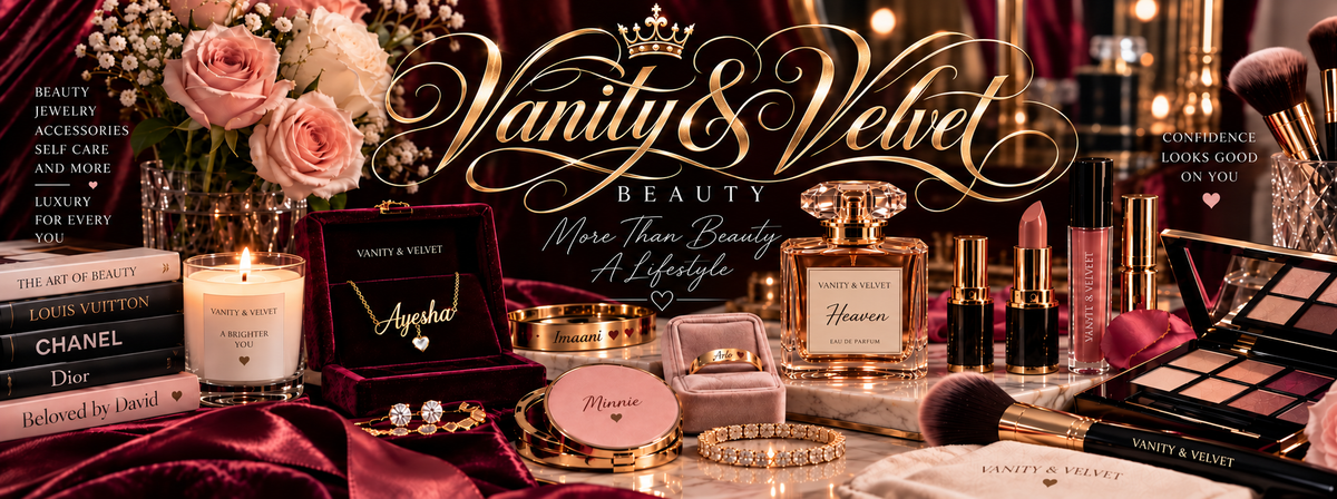 Vanity & Velvet Beauty in large ornate gold calligraphy